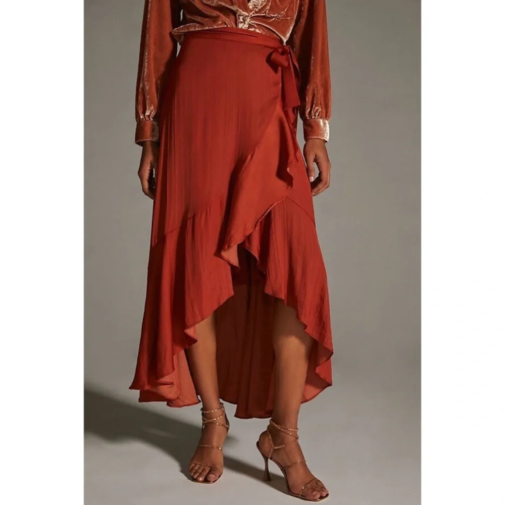 Anthropologie Maeve Ruffled Wrap Maxi Skirt Dark Orange Size 1X NWT